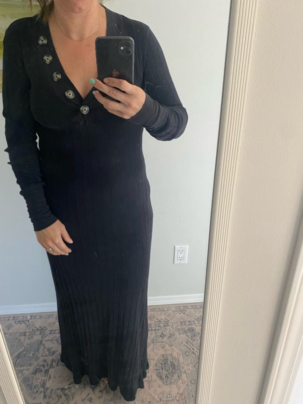 FP Black Ribbed Long Sleeve V‑Neck Maxi Dress